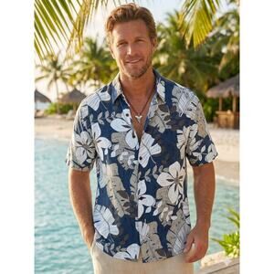 VTG IOLANI hawaiian Men’s XL Aloha shirt - blue Floral Tropical Hibiscus Rayon